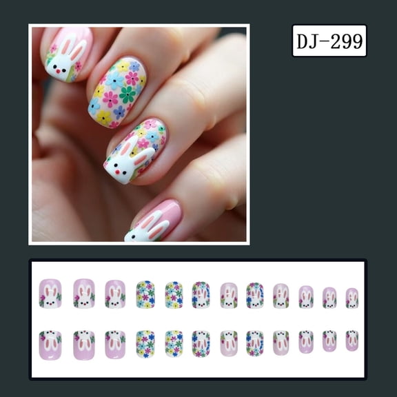 FEOLGEHLY Easter Press-On Nails Short Square Colorful Flower Doodle And Bunny Cute Designs Reusable Fake Nails With Adhesive Tabs For Spring Manicure 24pcs (multicolor)