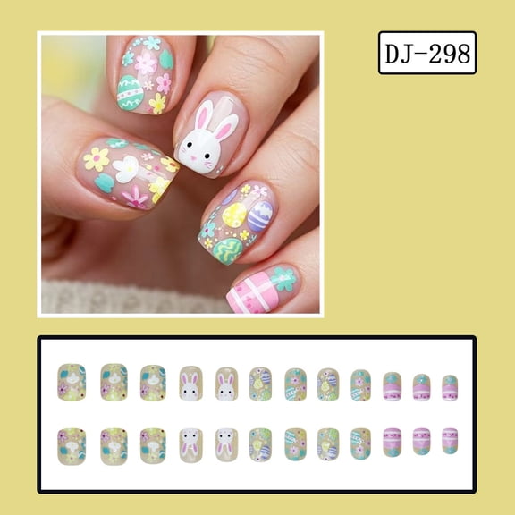 FEOLGEHLY Easter Press-on Nails Short Square Colorful Flower Egg and Bunny Designs Cute Reusable Fake Nails with Adhesive Tabs for Spring Manicure 24pcs (multicolor)