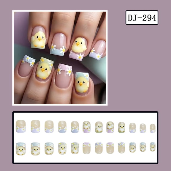 FEOLGEHLY Easter Press-on Nails Short Square Cute Chick White Daisy French Design Reusable Fake Nails with Adhesive Tabs for Spring Manicure 24pcs (multicolor)