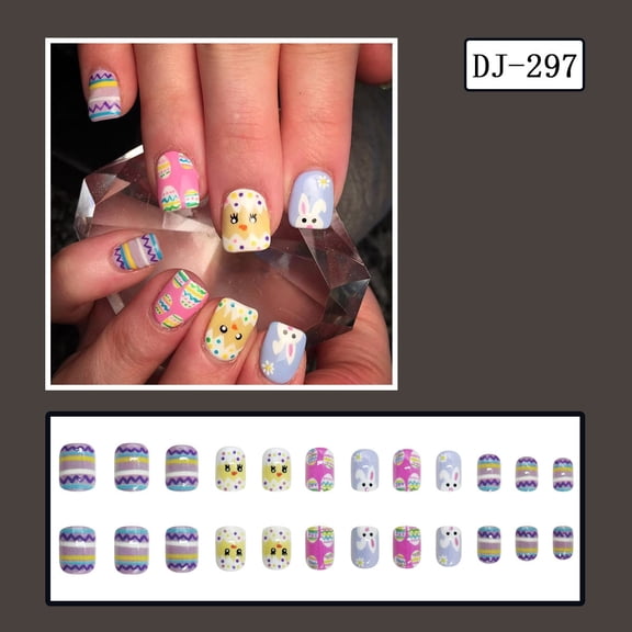 FEOLGEHLY Easter Press-on Nails Short Square Shape with Colorful French Chick and White Daisy Designs Reusable Fake Nails with Adhesive Tabs for Spring Manicure 24pcs (multicolor)