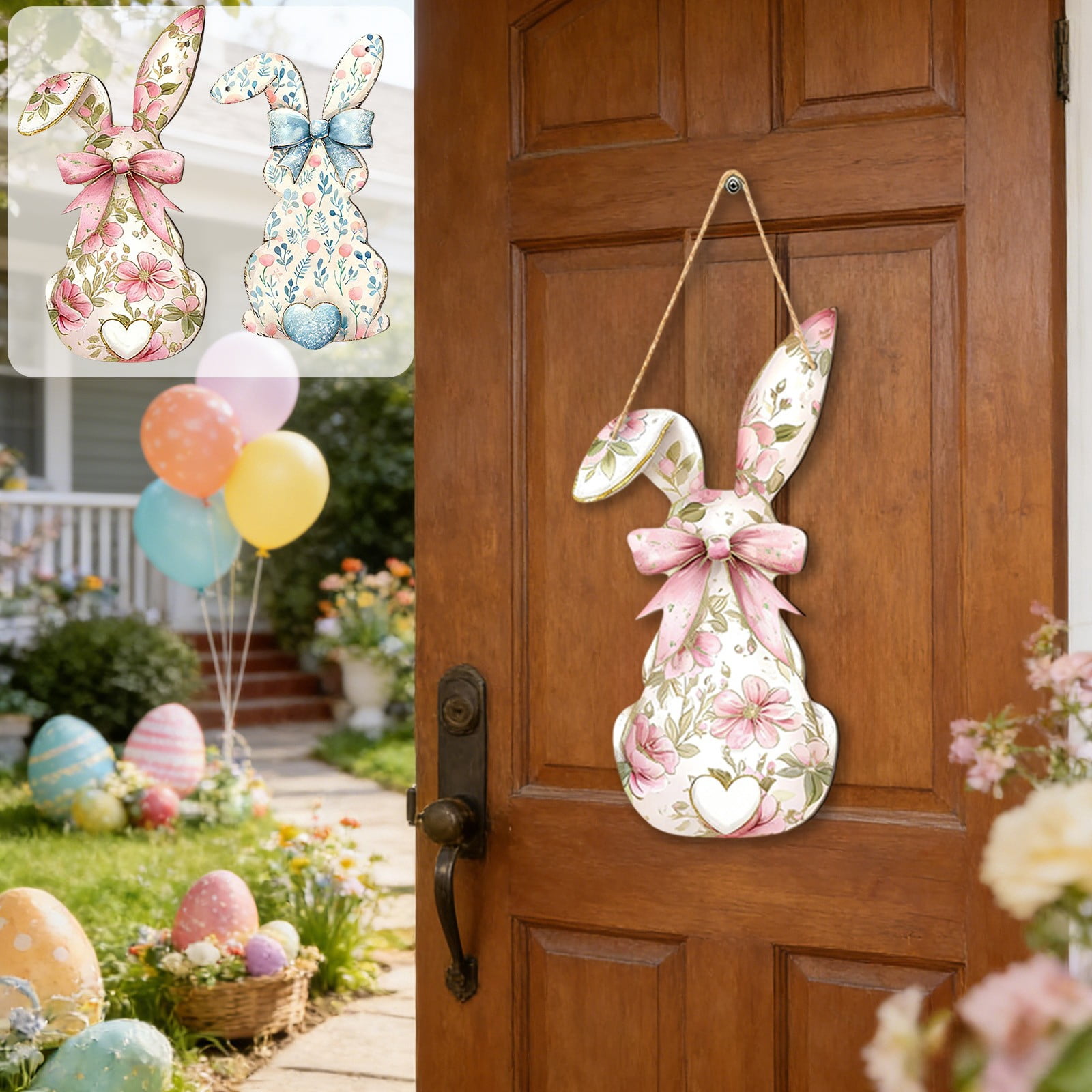 FEOLGEHLY Easter Rabbits 2D Wood Door Sign 30x17cm, Hanging Wreath ...