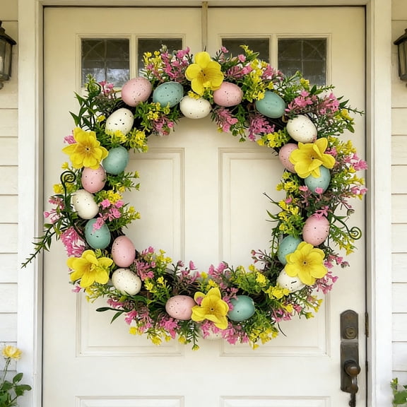 FEOLGEHLY Easter Wreaths for Front Door, Bunny Rabbit Design Hanging Garland for Spring Home Decoration, Artificial Plastic Wreath with Realistic Greenery, Festive Party Decor Holiday Gift, 12 inch