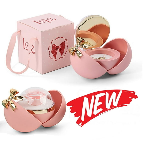 FEOLGEHLY Eternal Rose Ring Box, Spherical Double Opening Rose Shaped Jewelry Box, Romantic Display for Valentine's Day, Christmas, Thanksgiving, Birthday Gifts for Women, Her, Girlfriend (Pink)