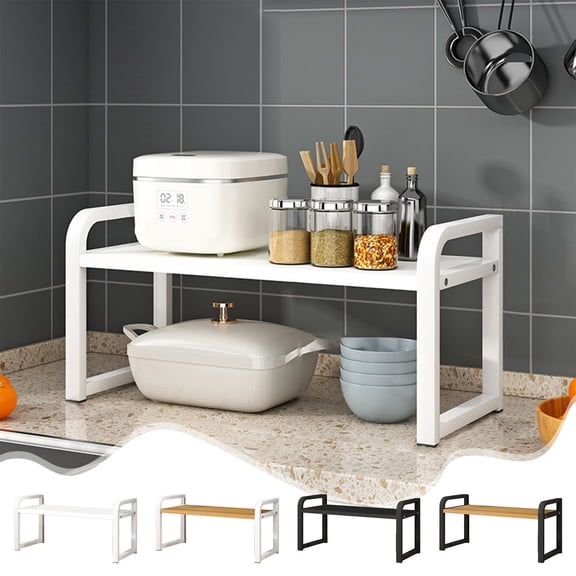 FEOLGEHLY Expandable Countertop Shelf Organizer, 2-Tier Wooden Spice Rack with Hooks, Adjustable Kitchen Storage for Microwave, Coffee Bar, Sink, Pantry and Cabinet