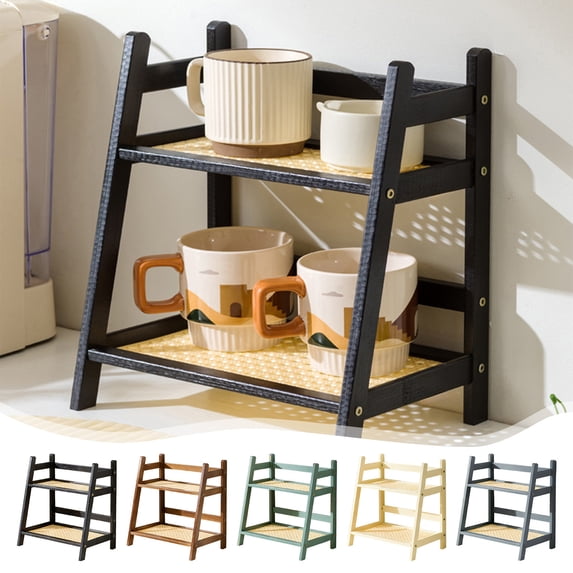 FEOLGEHLY Expandable Countertop Shelf Organizer, 3-Tier Stackable Kitchen Storage Rack with Hooks for Coffee Bar, Microwave, Spices, Cups and Utensils, Brown