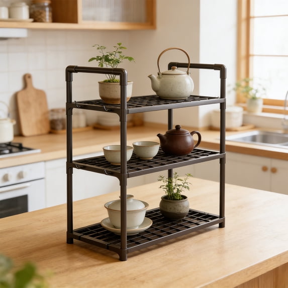 FEOLGEHLY Expandable Kitchen Shelf Organizer, 3-Tier Countertop Microwave Stand with Hooks, Adjustable Spice Rack and Coffee Bar Storage Shelf, Black Metal Frame for Kitchen and Bathroom