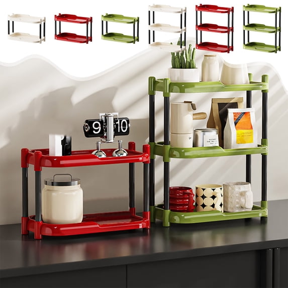 FEOLGEHLY Expandable Kitchen Shelf Organizer, 3-Tier Countertop Spice Rack with Hooks, Adjustable Microwave Stand for Coffee Bar, Pantry, Sink, and Home Office Storage, Green