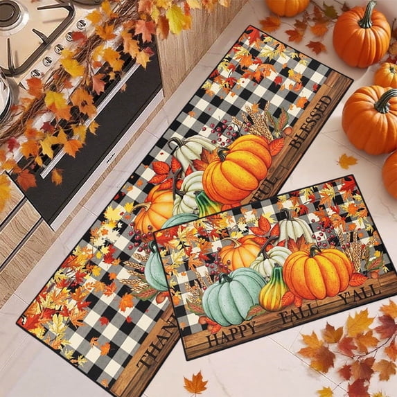 FEOLGEHLY Fall Kitchen Rugs and Mat Set of 2, Buffalo Plaid Pumpkin Fall Thanksgiving Decorations, Rustic Farmhouse Kitchen Floor Mat, Autumn Harvest Non-Slip Washable Kitchen Mat, 16x24+16x47 inch