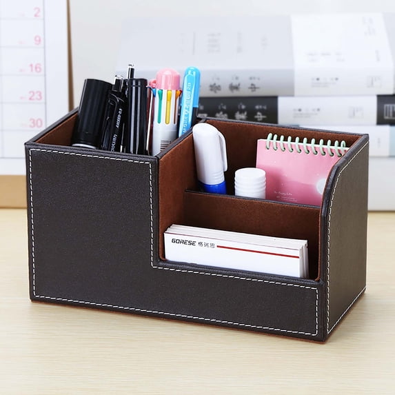 FEOLGEHLY Faux Leather Pen Pencil Holder for Desk Notebook, Large Capacity Pen Organizer Cup, Stitched Decorative Storage Box for Home Office Desktop Stationery, Remote Control and Makeup, Coffee