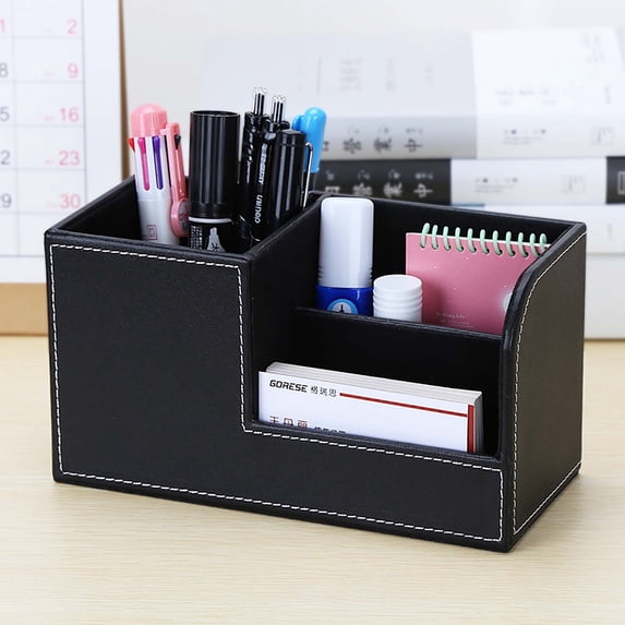 FEOLGEHLY Faux Leather Pen Pencil Holder for Desk Notebook, Large Capacity Pen Organizer Cup, Stitched Decorative Storage Box for Home Office Desktop Stationery, Remote Control and Makeup, Black