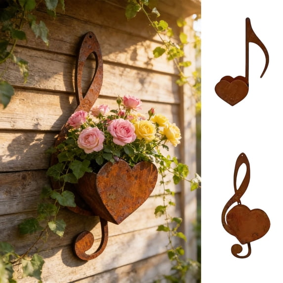 FEOLGEHLY Music Note Iron Wall Hanging Planter, Heart Shape Metal Wall Mounted Planter, Indoor Outdoor Garden Patio Balcony Wall Decor Store small gardening tools, Durable Weatherproof (B)