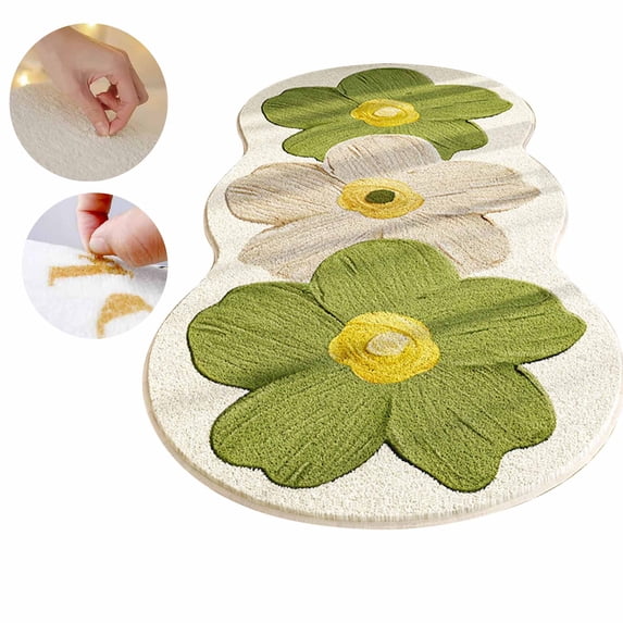 FEOLGEHLY Floral Cute Area Rug 3x5 Irregular Scalloped Rug Green Flower Shaped Indoor Play Mat Bedroom Floor Carpet Non Slip Washable Rug for Room Living Room Entryway(16x47")