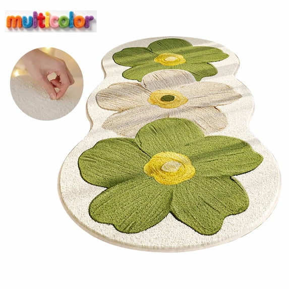 FEOLGEHLY Floral Cute Area Rug Irregular Scalloped Rug Green Flower Shaped Indoor Play Mat Bedroom Floor Carpet Non Slip Washable Rug for Room Living Room Entryway(16x47")