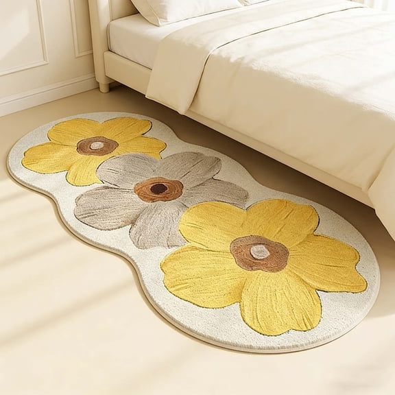 FEOLGEHLY Floral Cute Area Rug Irregular Scalloped Rug Yellow Flower Shaped Indoor Play Mat Bedroom Floor Carpet Non Slip Washable Rug for Living Room Bathroom Entryway(16x47")