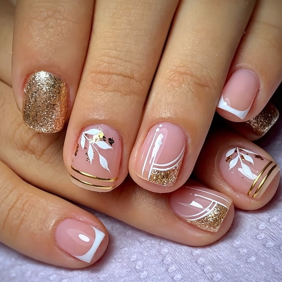 FEOLGEHLY Gold Glitter Press on Nails Leaf Design Stripe Nails Short Fake Nails 24Pcs Acrylic Nails Reusable Almond Shape Stick on Nails for Women (multicolor)
