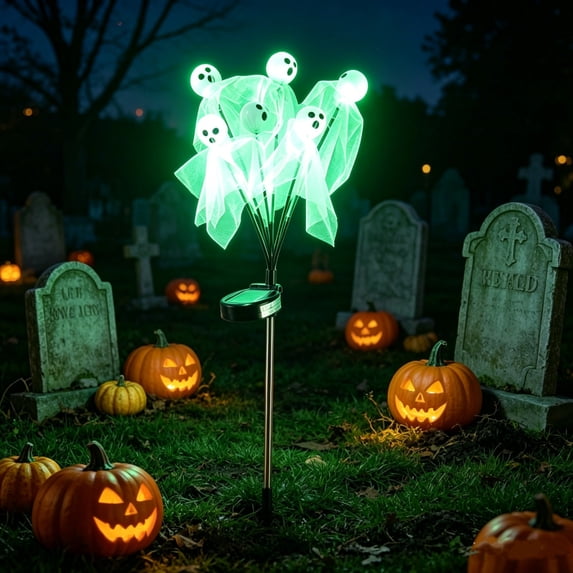 FEOLGEHLY Halloween 6-Head Solar Ghost Ground Stake Lights, Color Changing Waterproof LED Pathway Lamp for Yard Lawn Walkway Porch Outdoor Spooky Holiday Decorations, 9.8x3.9x3.9in, Green