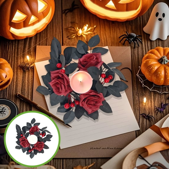 FEOLGEHLY Halloween Artificial Eucalyptus Leaves Candle Rings Wreaths, 10 inch Small Boho Wreath Pillar Candle Holder for Wedding Home Door Tabletop Decoration, Table Centerpieces Mini Rings Candle