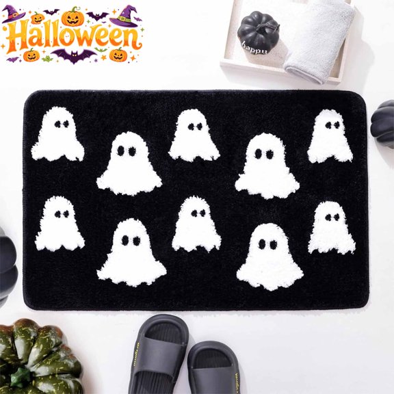 FEOLGEHLY Halloween Bath Mat - Spooky Ghost Gothic Bathroom Rug Non Slip - Cute Shower Mat for Bedroom Living Room Halloween Fall Decorations, Black, 16"x24"