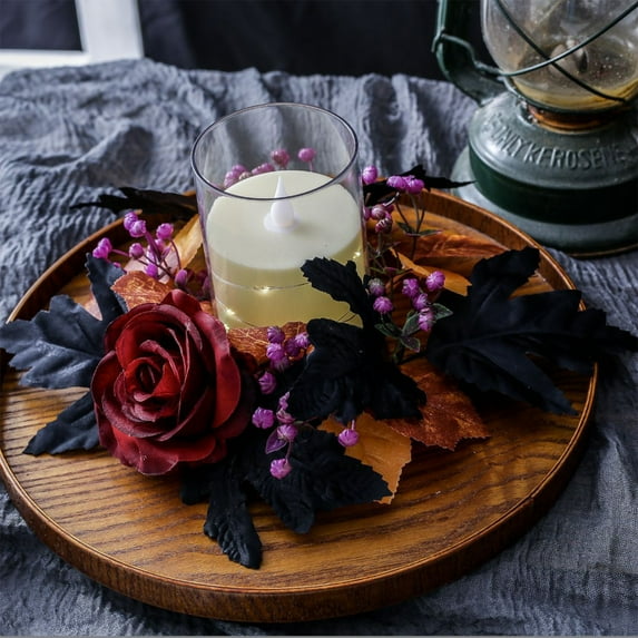 FEOLGEHLY Halloween Candle Rings Wreaths 3 Inch Center, Artificial Floral Candle Rings Wreath for Dining Table Centerpiece Autumn Decor, Gothic & Spooky Party Supplies, Black Rose