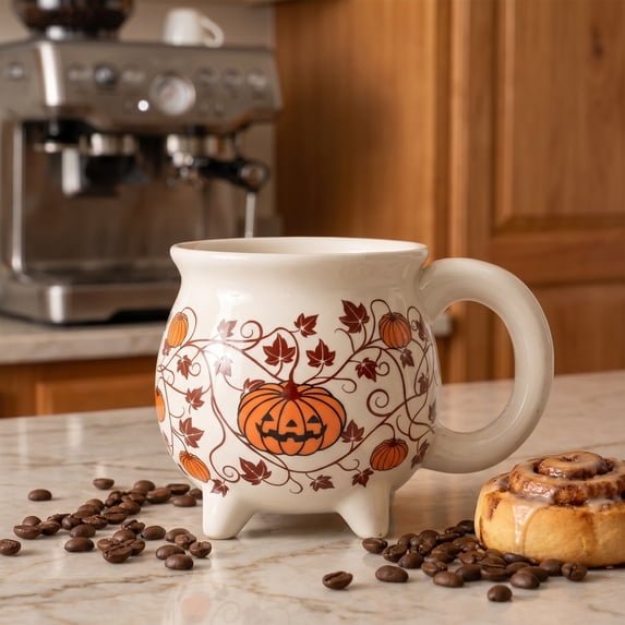 FEOLGEHLY Halloween Decorations, Ceramic Pumpkin Mug With Legs Witch Cauldron Coffee Cup 4 Footed Halloween Cauldron Mug 3 Colors Orange White Black For Hot Cocoa Tea Or Party Favors (C)