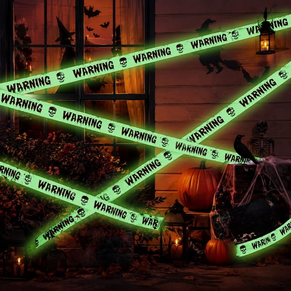 FEOLGEHLY Halloween Decorations, Glows In The Dark Halloween Warnings Tape Fluorescent Danger Keep Out Barrier Tape Skull Caution Tape For Ghost House Escape Room Party Yard Decor (A)