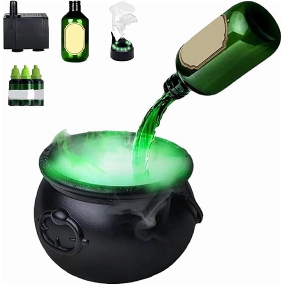 FEOLGEHLY Halloween Decorations Indoor, 8 inch Small Halloween Witch Cauldron with Magicly Floating Potion Bottles & Diffuser,Black Plastic Cauldron Bowl with LED Adjust Colorful Lights