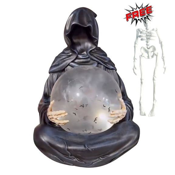 FEOLGEHLY Halloween Decorations Indoor, Floating Bat Crystal Ball, Bookshelf Decor Figurine, Grim Reaper Statue, Grim Reaper with Lying Bats Crystal Ball, Statue Bat Mysterious with Flying Bats