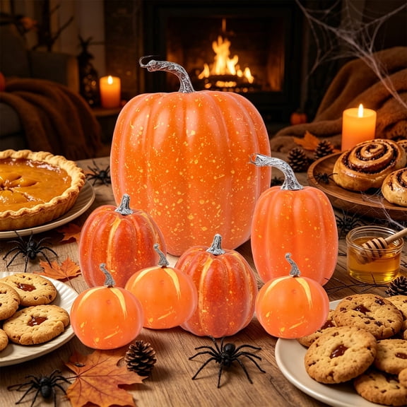 FEOLGEHLY Halloween Decorations, Mixed Size Artificial Foam Pumpkins Ornament Lot Color Choice Fake Pumpkin Set Seasonals Decor For Fall Harvests Halloween Table Arrangement (Orange)