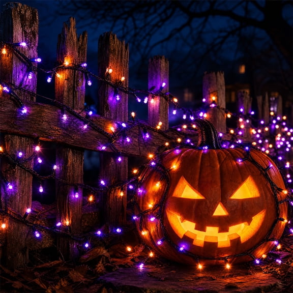 FEOLGEHLY Halloween Decorations Outdoor Indoor, 12m 100 LED Orange Purple Thanksgiving Fall Decor String Lights 8 Lighting Modes Flash Fairylights Waterproof for Yard Window Mantel Party Decor