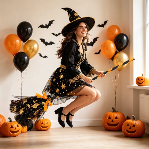 FEOLGEHLY Halloween Decorations Outdoor Indoor, 35in Halloween Witch Brooms Decoration Mesh Magics Flying Broomstick Prop For Party Costumes Haunteds House Wall Hanging Decor (Gold)