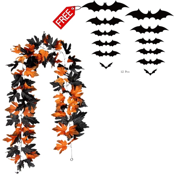 FEOLGEHLY Halloween Fall Garland for Mantle, 6 Feet Falloween Garland with Black Orange Maple Leaves Decor for Home Indoor Table Centerpiece Autumn Fall Thanksgiving Halloween Decorations, Orange