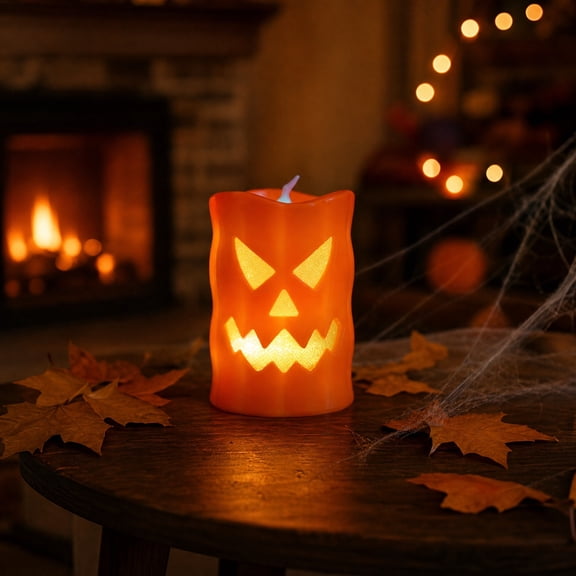 FEOLGEHLY Halloween Flameless Candle LED Light, Battery Operated with 6 Hour Timer, Purple Light Ghost Decal Water Tornado Lamp LED Candlestick Halloween Season Decor Gift(2.4x3.9", Orange)