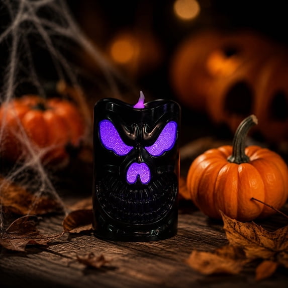 FEOLGEHLY Halloween Flameless Candle LED Light, Battery Operated with 6 Hour Timer, Purple Light Ghost Decal Water Tornado Lamp LED Candlestick Halloween Season Decor Gift(2.4x3.9", Black)