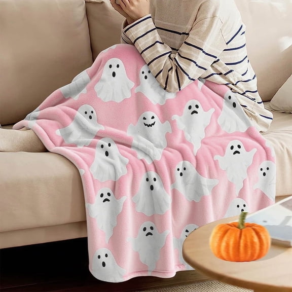 FEOLGEHLY Halloween Ghost Printed Throw Blanket, Super Soft Flannel Fleece Blanket Lunch Break Blanket Decorative Blanket for Sofa Couch Beding Halloween Decoraions Indoor, 50x60 inch Pink