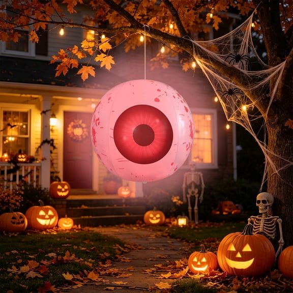 FEOLGEHLY Halloween Light Up Inflatable Bloodshot Eyeball Balloon, Hanging Fake Eye Ornament for Yard Window Indoor Outdoor Spooky Holiday Party Decorations, Red