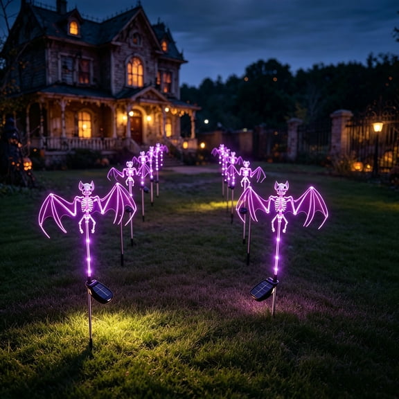 FEOLGEHLY Halloween Solar Bat Skeleton Stake Lights, Purple Orange LED Pathway Ground Plug Lamps for Outdoor Yard Lawn Spooky Holiday Party Decorations, 11.4x3.5x2.4in, Purple
