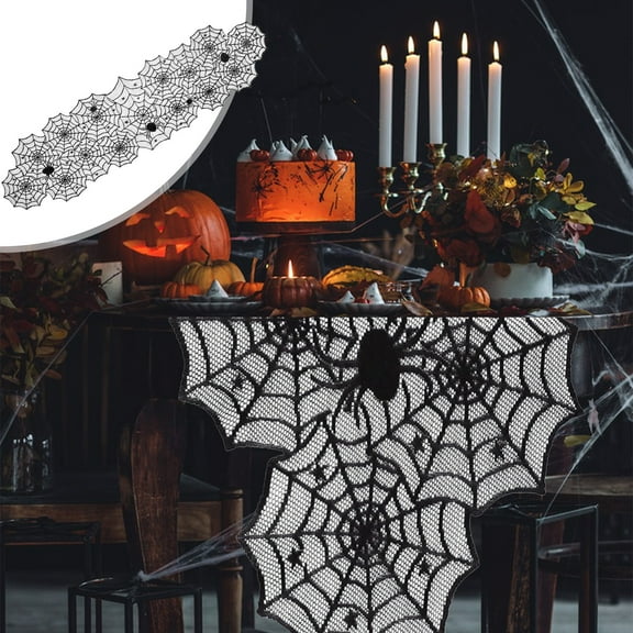 FEOLGEHLY Halloween Table Runner, Black Lace Spider Web Table Runners for Halloween Decor,Vivid Polyester Spider Web Table Runner for Halloween Masquerade Party Dinner Table Decoration 18x72 inch