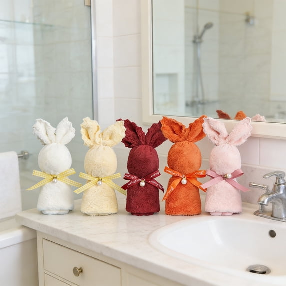 FEOLGEHLY Hand Towels with Pearl Strap, Easter Bunny Shaped Bathroom Face Towels, Soft and Thick Towel, Cute Towel for Bathroom, for Easter Birthday Wedding Gift, Orange