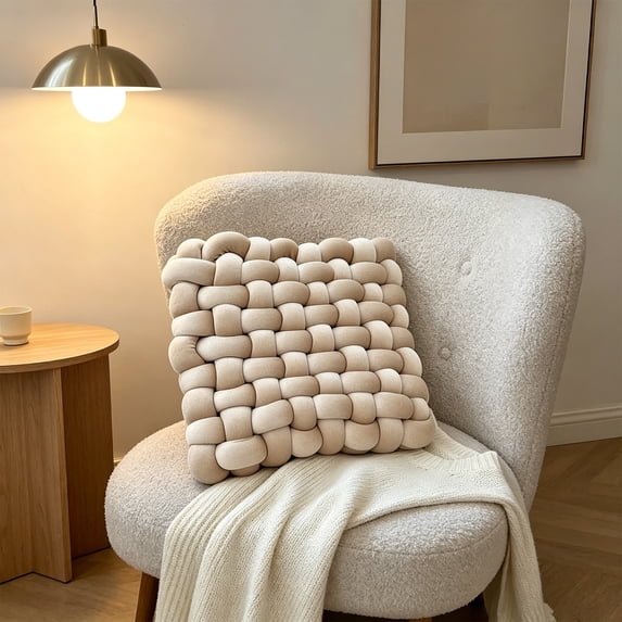 FEOLGEHLY Handmade Knotted Velvet Throw Pillow, Soft Square Seat Cushion, Elastic Padded Floor Pillow for Sofa Couch Bed Living Room Home Interior Decor, 13x13x4.7in, Beige