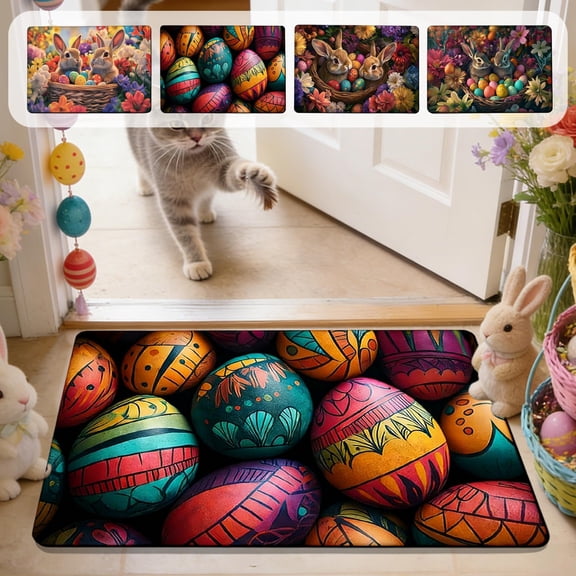 FEOLGEHLY Happy Easter Door Mat, Bunny Eggs Welcome Doormat for Indoor Outdoor, Spring Floor Mat Non-Slip Washable for Porch Front Door Entrance, 16x24 inch Easter Decorations Door Mat, B
