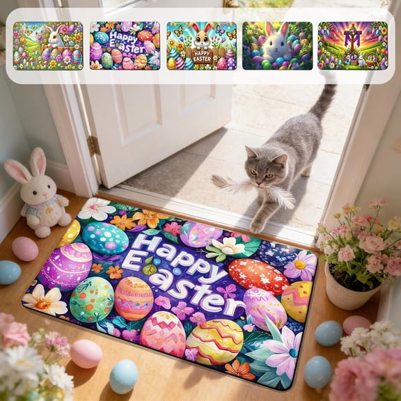 FEOLGEHLY Happy Easter Door Mat, Bunny Eggs Welcome Doormat for Indoor Outdoor, Spring Floor Mat Non-Slip Washable for Porch Front Door Entrance, 16x24 inch Easter Decorations Door Mat, E