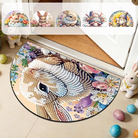 FEOLGEHLY Happy Easter Door Mat, Bunny Eggs Welcome Doormat for Indoor Outdoor, Spring Floor Mat Non-Slip Washable for Porch Front Door Entrance, 16x24 inch Half Round Easter Decorations Door Mat, A
