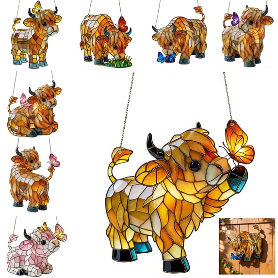 FEOLGEHLY Highland Cow Suncatcher for Windows Hanging, Stained Glass Style Acrylic Ornament with Chain, Farm Animal Sun Catcher Ornament for Home Easter Summer Decorations, Gift for Cow Lovers