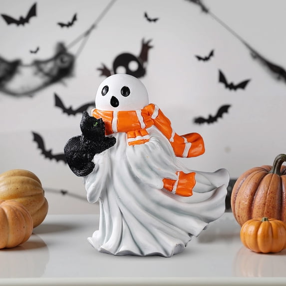 FEOLGEHLY Indoor Halloween Decoration Statue, Ceramic White Ghost Figurines, Spooky Ghost Ornament, Friendly Ghost Holding Pumpkin, Spooky Resin Halloween Ghost Ornaments for Kitchen Living Room Bar
