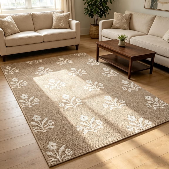 FEOLGEHLY Indoor Outdoor Rugs, Boho Floral Patio Mat, Weather Resistant Stainproof, Fade Resistant, Soft Flatweave, Easy Clean, for Living Room Porch Deck Entryway Beige White 36x48 in (A)