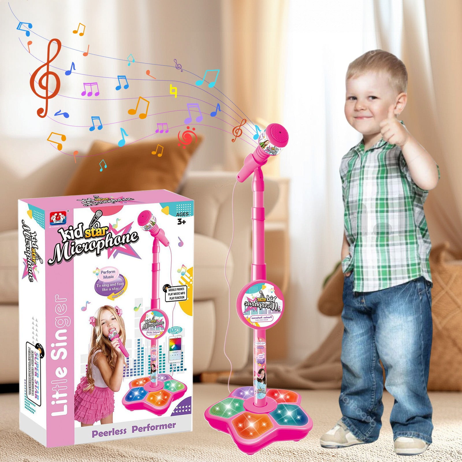 Macchina Karaoke Per Bambini Con 2 Microfoni, Luci E Pedali – Stazione Musicale Con Supporto Regolabile E Ingresso AUX - 2