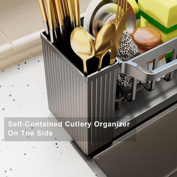 FEOLGEHLY Kitchen Sink Caddy Organizer, Sink Dish Drying Rack, Non-Slip Sink Organizer with Utensil Holder, Kitchen Space Saving Dish Rack，Plastic Sponge Organizer, Kitchen Organizer, Gray