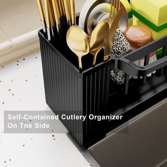FEOLGEHLY Kitchen Sink Caddy Organizer, Sink Dish Drying Rack, Non-Slip Sink Organizer with Utensil Holder, Kitchen Space Saving Dish Rack,Plastic Sponge Organizer, Kitchen Organizer, Black