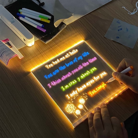 FEOLGEHLY LED Light Up Acrylic Dry Erase Board with Stand, DIY Glowing Desktop Memo Note Board with 14 Color Markers, USB Rechargeable Personalized Night Light Gift for Home Office Decor