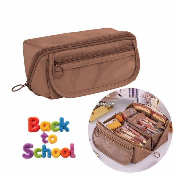 FEOLGEHLY Large Capacity Cute Pencil Case with Zipper and Multi-Layer, Wear-resistive Portable Pencil Pouch, Easy to Clean, Stylish Durable Soft Pen Box Storage Bags for Traveling Office, Coffee